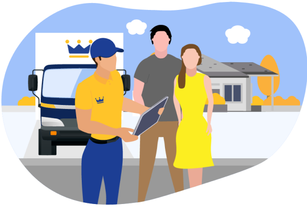 A friendly Storage King expert offers a free on-site consultation, using a tablet to create a tailored storage plan for a couple outside their home with a moving truck ready to go.