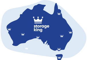 A digital illustration of the map of Australia with Storage King crowns spread nationwide, asserting our authority as an industry leader. This extensive network is built on decades of experience, ensuring you can find a trusted, quality self storage solution from a leading national brand near you.