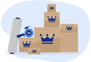 A digital art illustration of durable moving boxes, protective bubble wrap, and strong packing tape from Storage King. This showcases our expertly curated range of household packing and moving items, providing trusted, quality supplies for a secure and organised move.