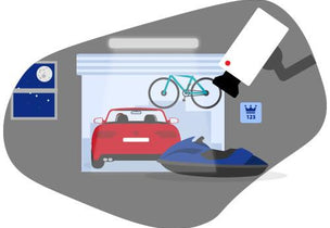 A modern CCTV camera stands guard over a Storage King unit holding a car, bike, and jet ski, symbolising total peace of mind for vehicle owners. Our first-rate security features, from 24hr digital surveillance to individually alarmed units, are trusted by enthusiasts to expertly protect their passions.